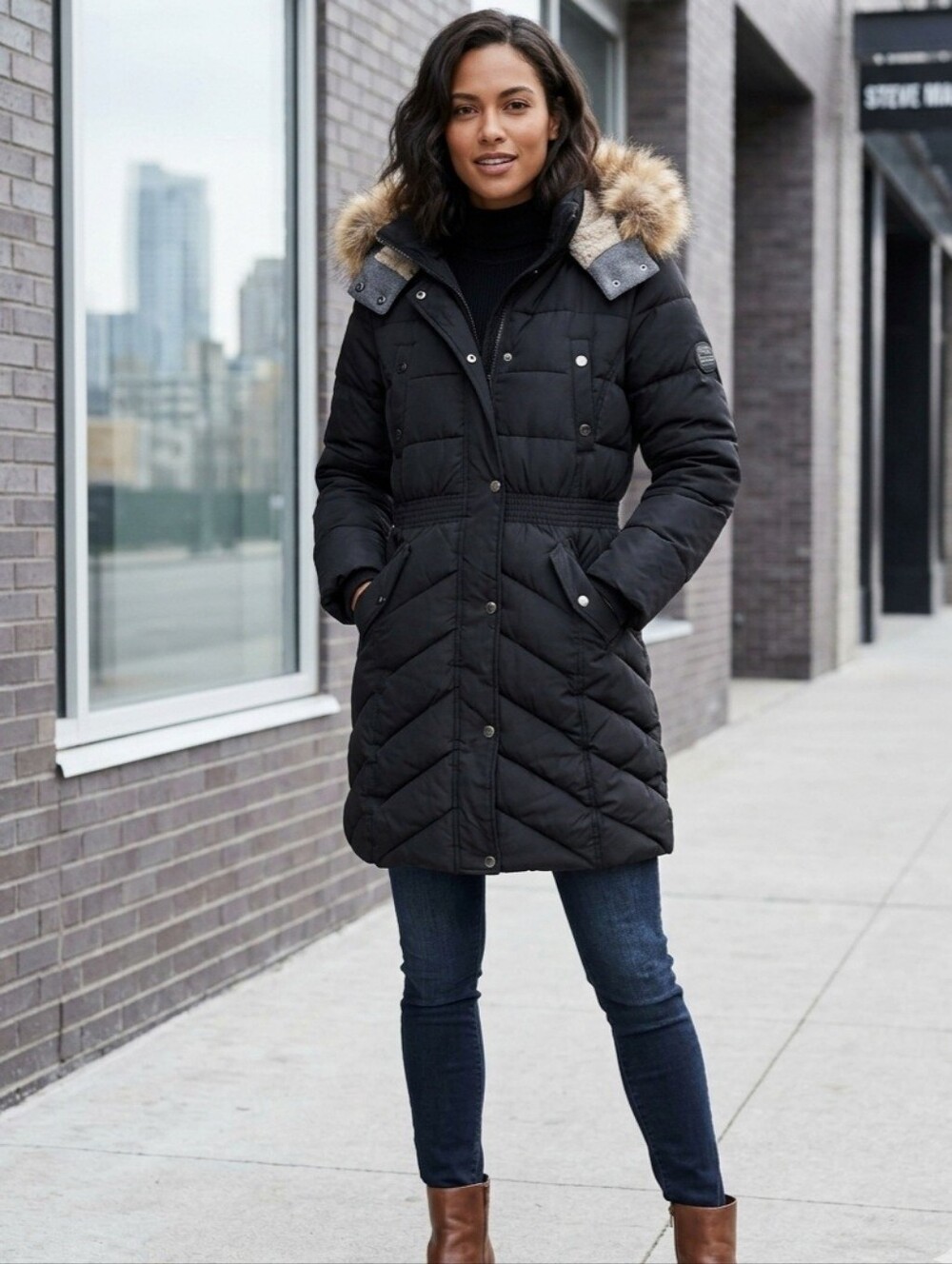 Steve Madden Women's Hooded Chevron Quilted Winter Puffer Coat Jacket
